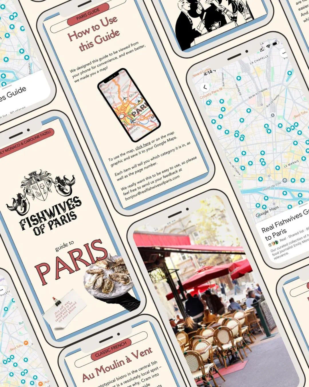 Phone mockups showing the Fishwives Guide to Paris maps and listings
