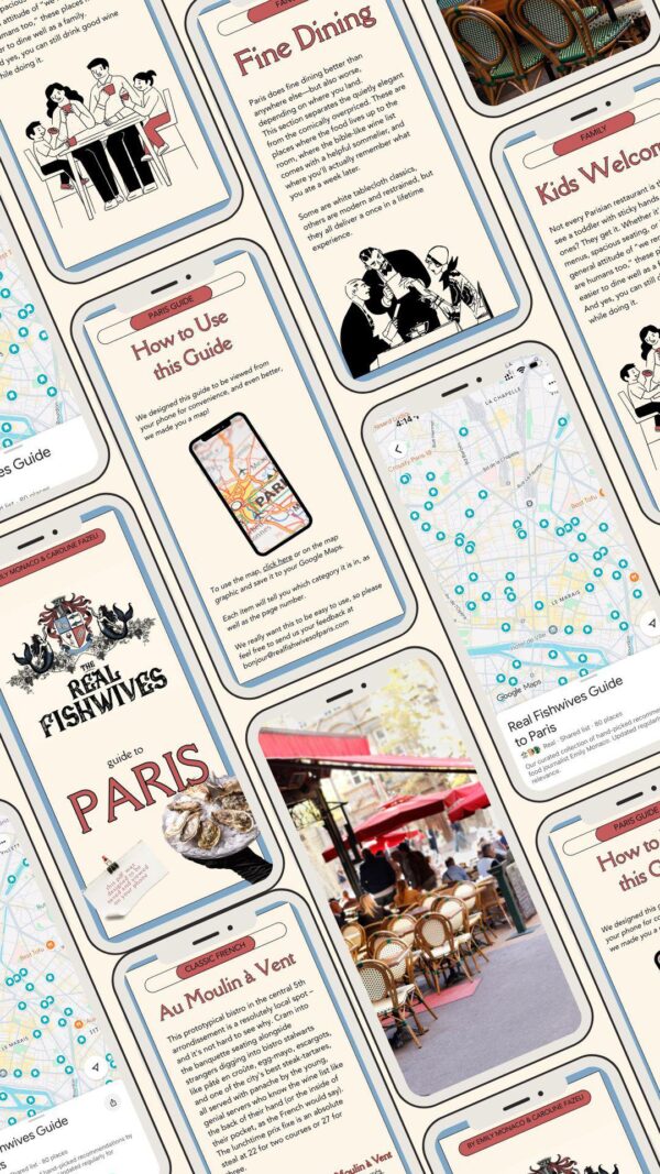 Pages from The Fishwives' Guide to Paris shown on mobile screens