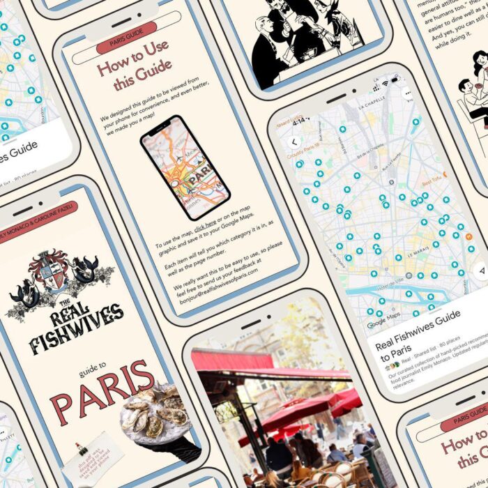 Pages from The Fishwives' Guide to Paris shown on mobile screens