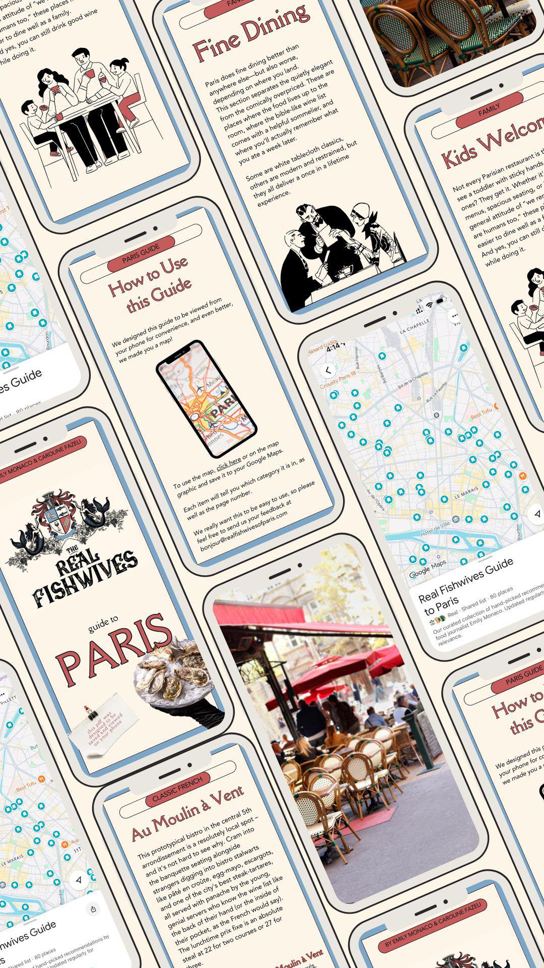 Pages from The Fishwives' Guide to Paris shown on mobile screens